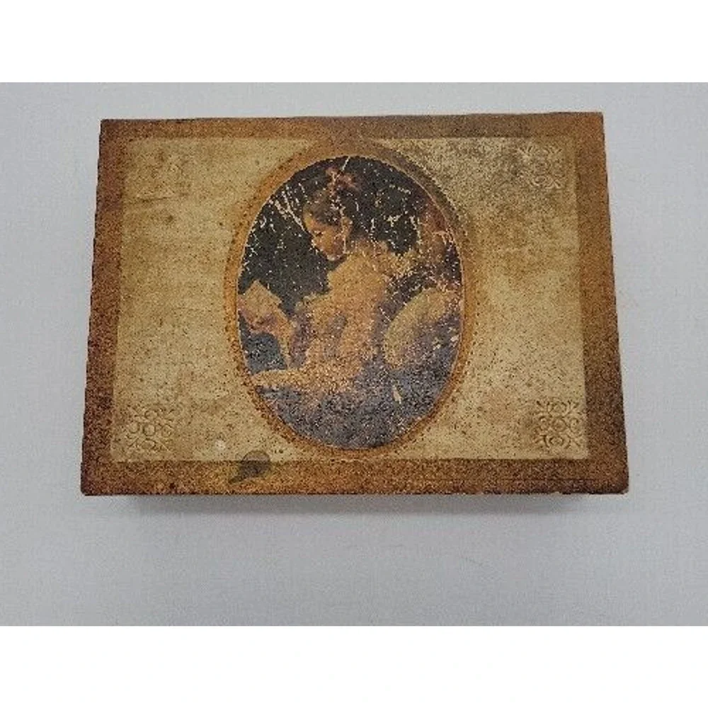 Vintage Mele Jewelry Box Woman Portrait Wooden Organizer Musical Japan 8x6x2" - Picture 1 of 16